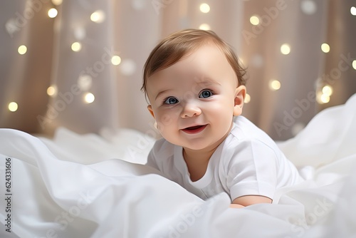 close up cute child on bed with bokeh light, Generative Ai photo