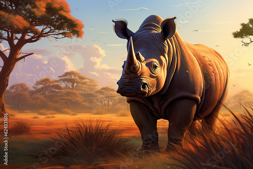 rhino in sunset