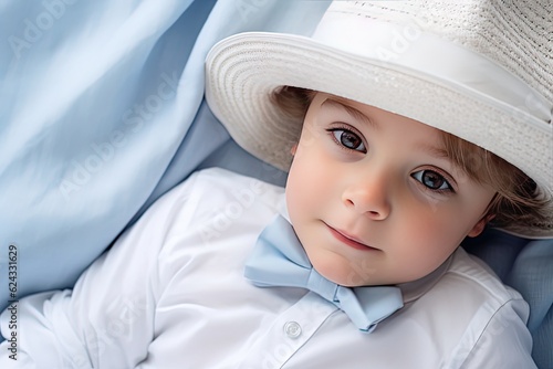 close up cute child on bed, Generative Ai photo