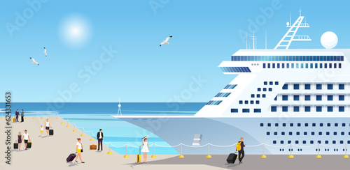Cruise liner, beach resort, passenger, tourist, summer voyage, holiday trip, travel, vacation, tourism, blue ocean, caribbean and atlantic journey, harbor, man and woman. Vector illustration