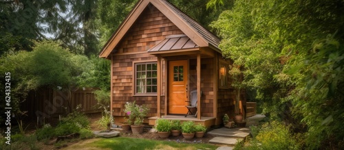 A rustic tiny house with a vibrant orange door nestled in a lush garden.