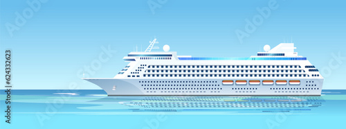 White summer cruise liner sailing in open sea. Modern luxury huge ship. Teal water, blue sky. Holiday vacation and resort in Pacific or Atlantic Ocean, longtime voyage. Vector illustration