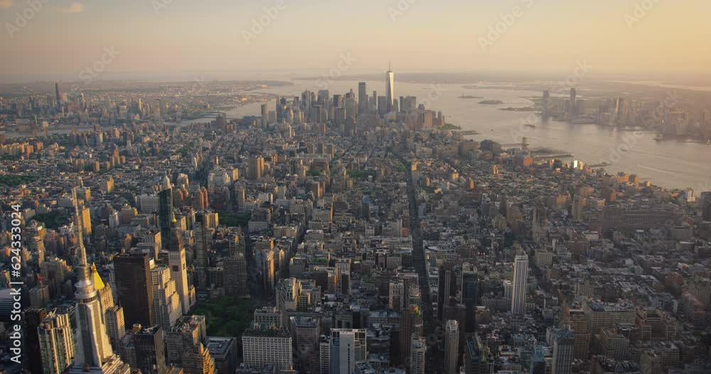 Aerial View of Lower Manhattan Architecture. Panoramic Footage of Wall Street Financial Business District from a Helicopter. Scenery of Historic Office Buildings and Skyscrapers in New York City