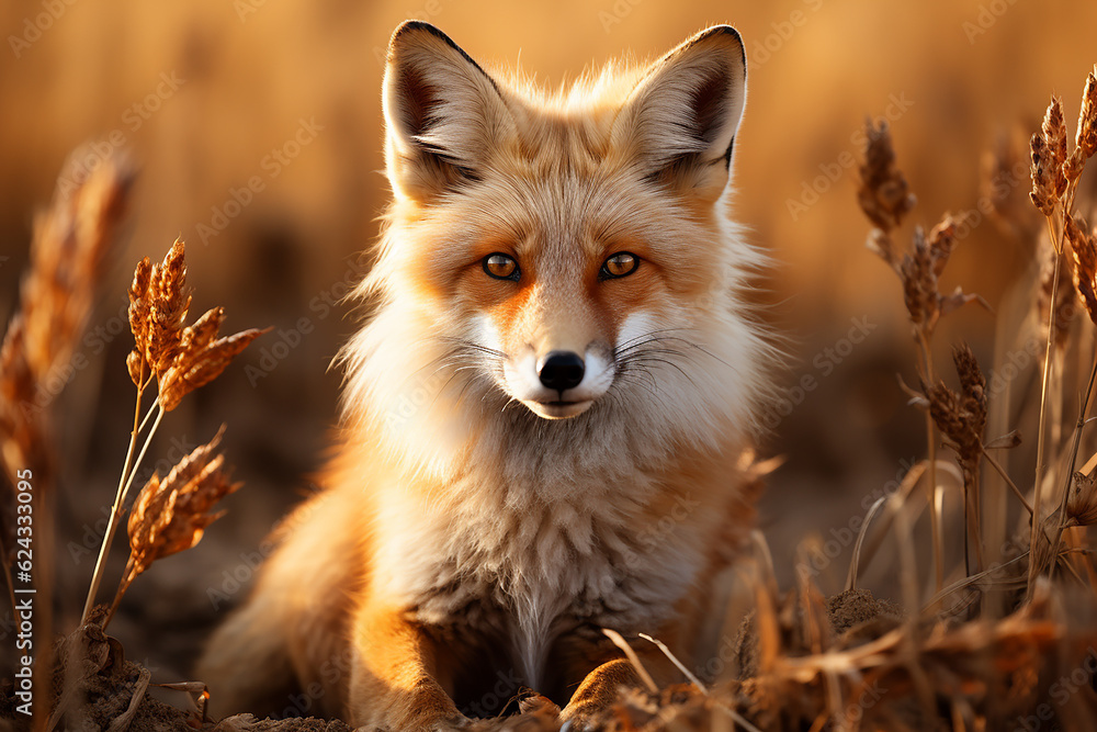 Fototapeta premium Beautiful adult fox in a field. Close-up photo, portrait of a fox in autumn light.