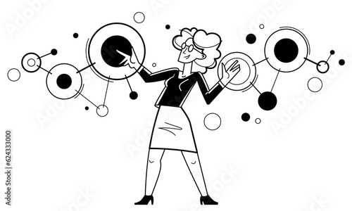 Inspired inventive designer or engineer composing abstract elements, creative worker woman doing some job and creating some system, vector outline illustration.