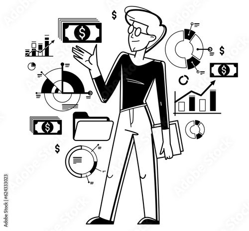 Financier working with charts and bars vector outline illustration, accountant working with financial data, analyst adviser working with investment.