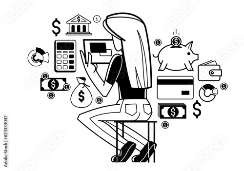 Online finance vector outline illustration, woman financier working with finances online, accountant doing digital accounting, online banking, budget and taxes.