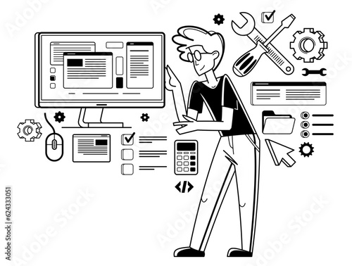 Technician computer engineer repairing pc vector outline illustration, fixing system work with software and hardware, system administrator.