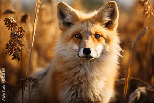 Beautiful adult fox in a field. Close-up photo  portrait of a fox in autumn light.
