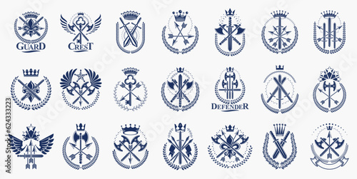 Obraz na płótnie Vintage weapon vector logos or emblems, heraldic design elements big set, classic style heraldry military war armory symbols, antique knives compositions