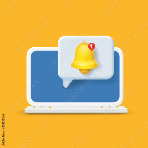 Yellow bell notification on laptop screen. New unread message bubble on computer. Alert message. Vector 3d