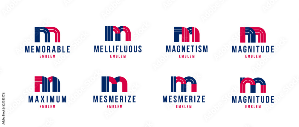 Letter m logo elements set, vector trendy retro initial, geometric monogram design symbol M. Letter m logo elements set, vector trendy retro initial, geometric monogram design symbol M.