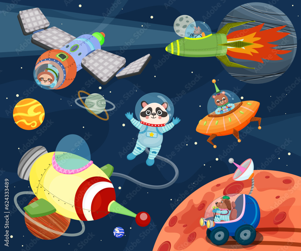 Set of outer space cartoon development. Rocket, planet, animal astronauts, various spaceships, ufo, satellite. Science astronomy research, galaxy and cosmos exploration. Vector illustration Set of outer space cartoon development. Rocket, planet, animal astronauts, various spaceships, ufo, satellite. Science astronomy research, galaxy and cosmos exploration. Vector illustration