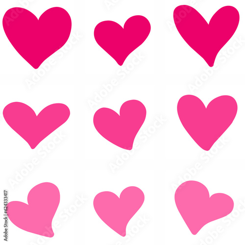 Vector set of hearts silhouettes, isolated on white background. Symbol of love. Hand drawn, cartoon style.