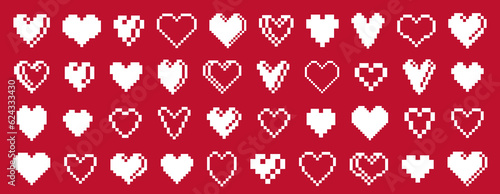 8bit pixel hearts vector logos or icons set, retro game from 90s 8 bit style heart symbols collection, graphic design stylish elements.