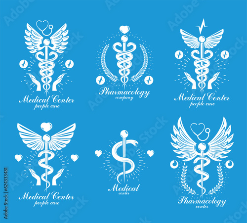 Set of vector Caduceus logotypes can be used in cardiology, rehabilitation and as medical clinic emblems.