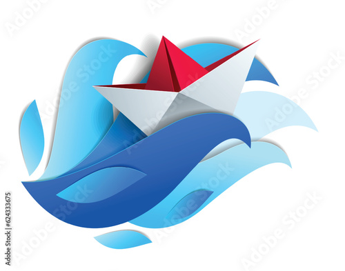 Origami paper ship toy swimming on huge ocean waves, dramatic vector illustration of stormy weather in the ocean with toy boat struggles to survive.