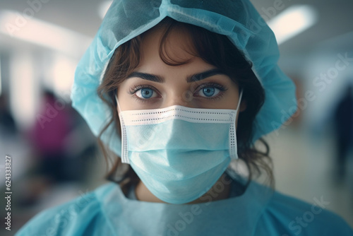 Health care and medicine concept. Close-up portrait of doctor woman with surgical or medicine mask looking at camera. Model wearing medicine clothes. Generative AI photo