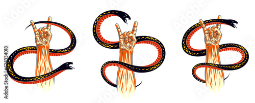 Rock hand sign with aggressive snake set, hot music Rock and Roll gesture and serpent, Hard Rock festival concert or club, vector labels emblems or logos, musical instruments shop.