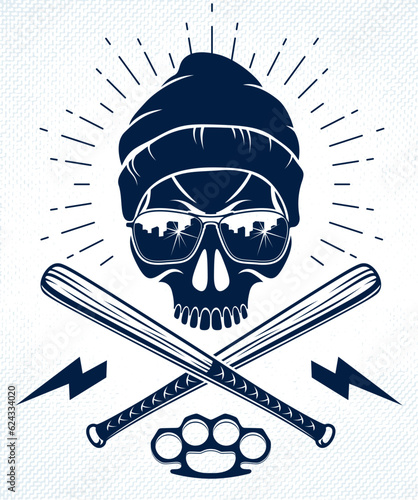 Gangster emblem logo or tattoo with aggressive skull baseball bats design elements, vector, criminal ghetto vintage style, gangster anarchy or mafia theme.