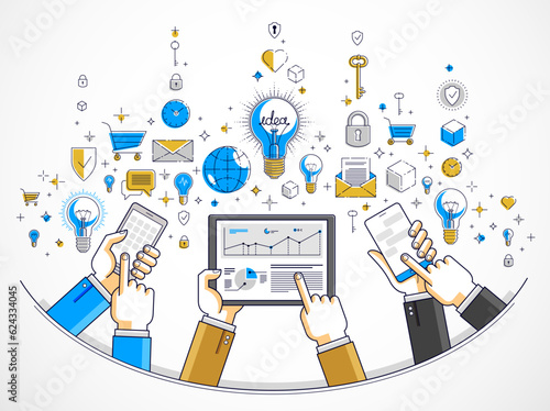 Internet teamwork online team is working and having communication using gadgets and apps, businessmen hands with phones and tablet, vector illustration.