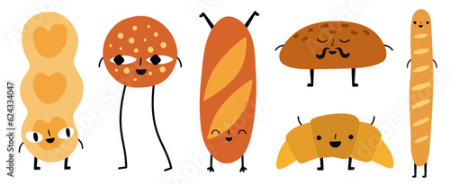Vector illustration set with bakery croissant, bun, baguette and other things. Doodle breakfast sticker pack design