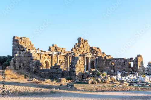 View of Side Agora (State Agora) in the ancient town Side in Manavgat at sunset. Оne of the most attractive cultural tourism showplace in Antalya.