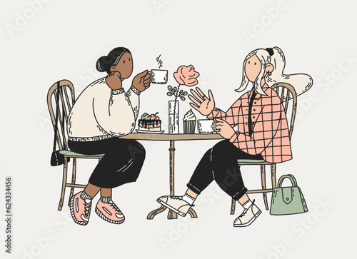 Two young women sit in cafe, drink coffee. Fashion talking girls. Cute vector hand-drawn illustration in pastel colors.