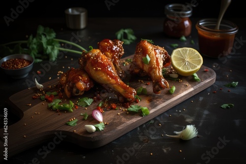 Spicy fried chinese chicken legs with red hot pepper sauce sprinkled with sesame seeds on a wooden cutting board created with Generative AI technology