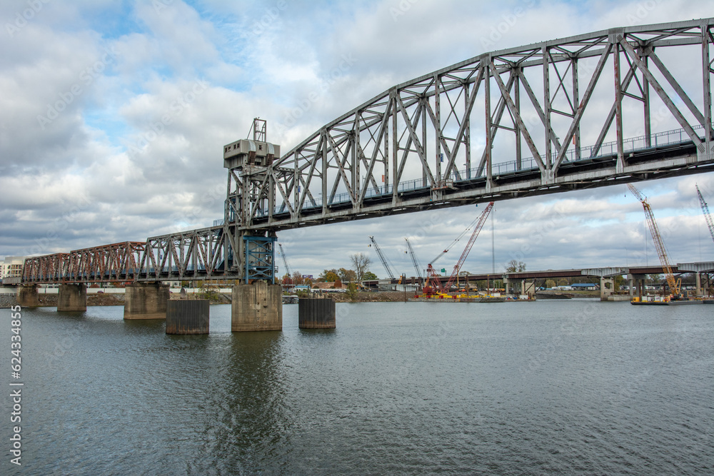 Naklejka premium The historic Junction Bridge, the lift-span pedestrian bridge crossing the Arkansas River between downtown Little Rock and North Little Rock, Pulaski County, Arkansas, USA