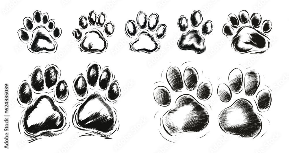 Naklejka premium Set of Dog paw hand drawn sketch pet footprint illustration