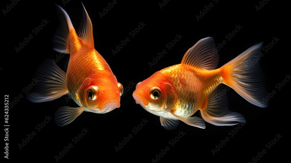 Two goldfish on black background. Generative Ai
