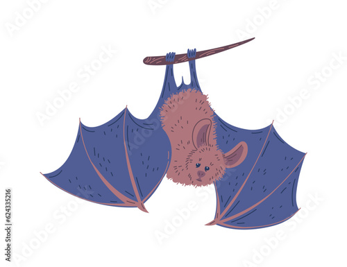 Cute and sad bat hanging upside down on tree branch, cartoon flat vector illustration isolated on white background.