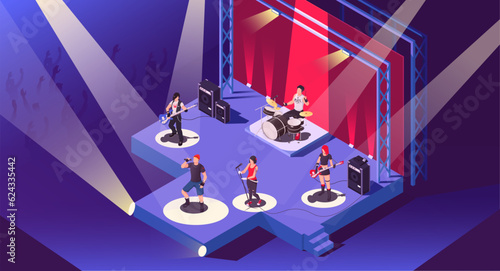 Set of musician, concert, show, scene, play music, guitarist, drummer, singer, rock band, bass guitar, cartoon singer, vocalist, group concert, microphone, playing music. Isometric vector illustration