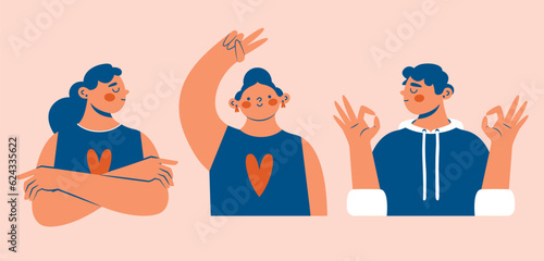 Various cute women and men. Young persons gesturing with different emotions. Funny isolated characters. Cartoon style. Girl with crossed arms, v-sign, peace sign, ok gesture. Hand drawn illustration.