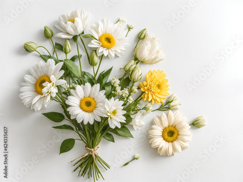 Bouquet of white flowers against a white background. Flat lay style image with concepts of beauty and purity.
