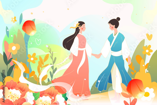 Tanabata Valentine's Day Cowherd and Weaver Girl Magpie Bridge Meeting Love Characters Illustration