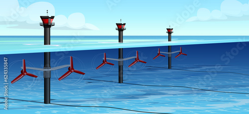 Sea farm. Renewable energy industry. Energy power. Nature generator. Clean electricity. Wind turbine. Modern ocean ecological production. Water station. Offshore tower. Vector illustration.