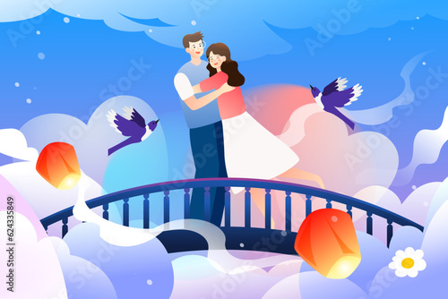 Tanabata Valentine's Day Cowherd and Weaver Girl Magpie Bridge Meeting Love Characters Illustration