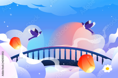 Tanabata Valentine's Day Cowherd and Weaver Girl Magpie Bridge Meeting Love Characters Illustration