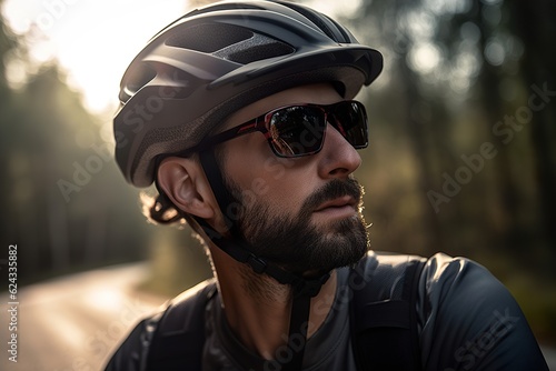 Close up portrait of cyclist in bicycle helmet and sunglasses © Oleksandr Kozak