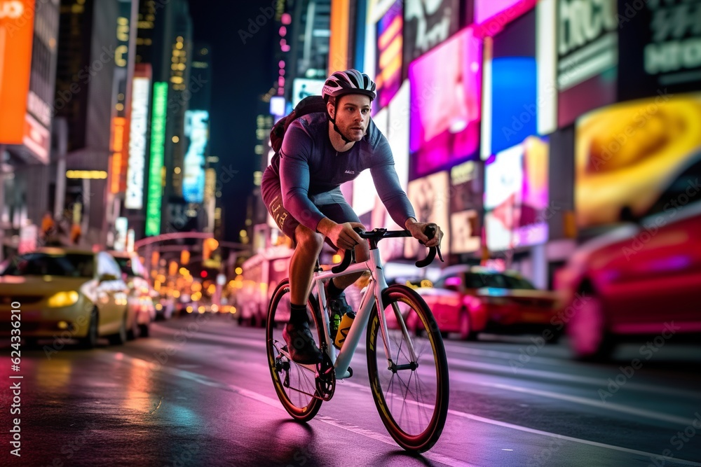 Cyclist in motion on the night city background with color lights