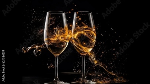 Golden yellow firework and two champagne glasses on the black background. Generative AI