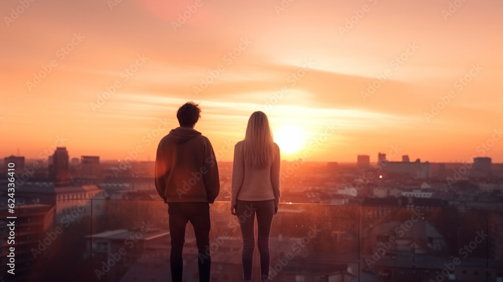 Fototapeta premium man and woman stand on penthouse watching sunset on evening sky on city