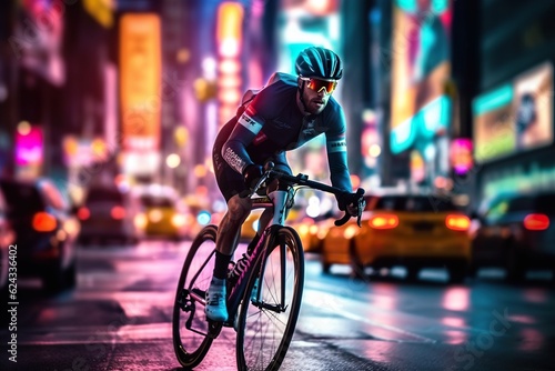 Cyclist in motion rifing road bike the night city