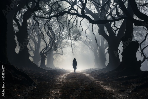 A mesmerizing photo of a person walking through a misty forest  evoking a sense of mystery and transformation on their soulful path. Generative Ai