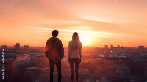 man and woman stand on penthouse watching sunset on evening sky on city