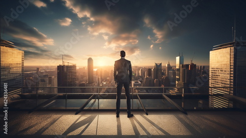 man stand on penthouse watching sunset on evening sky on city