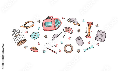 Pet store doodle, a set of icons of goods for the animal store. Vector illustration items accessories for pet dogs cats and animals.