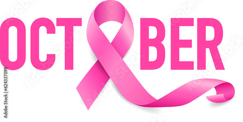 October lettering design with pink ribbon. Breast Cancer Awareness Month Campaign. For poster, banner and t-shirt. Illustration.